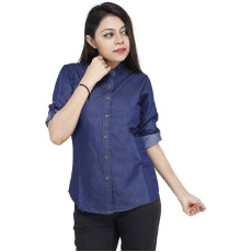 Womens Denim Solid Casual Mandarin Neck Shirt Fabric Navy Blue